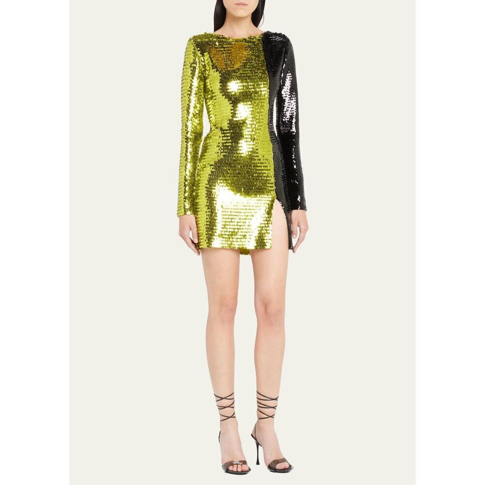CDGNY Leah Bicolor Sequined Long-sleeve Mini Dress Size 4 Green Black